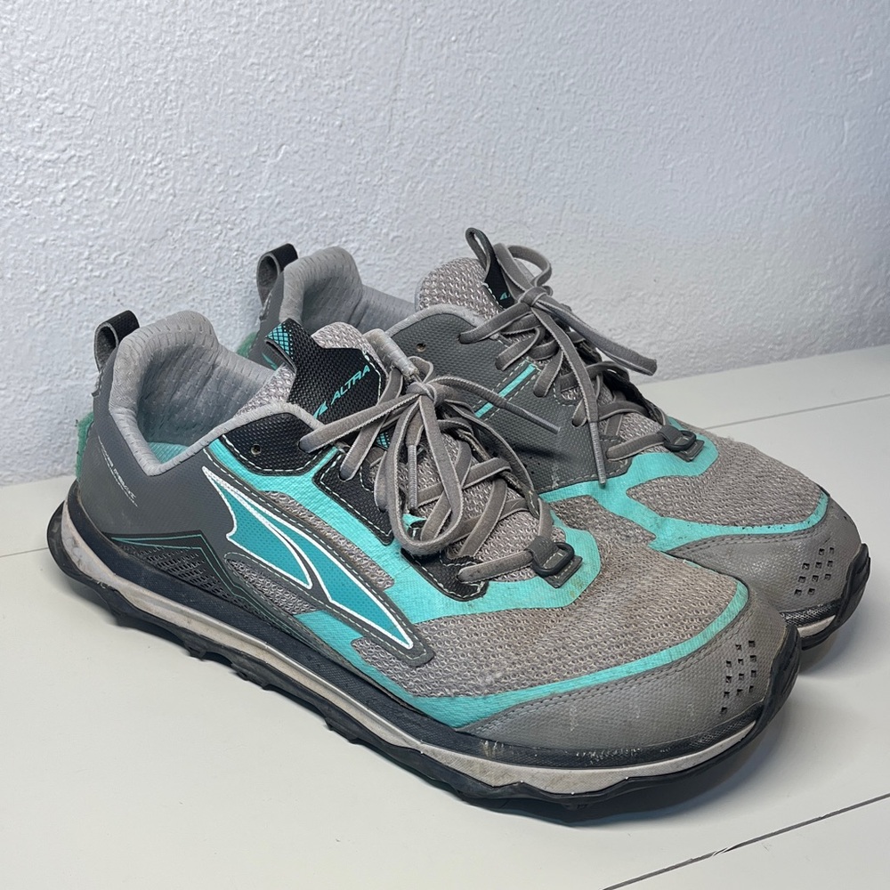(46) Altra Lone Peak Trail Runners Women's Athletic Shoes in Gray and Teal